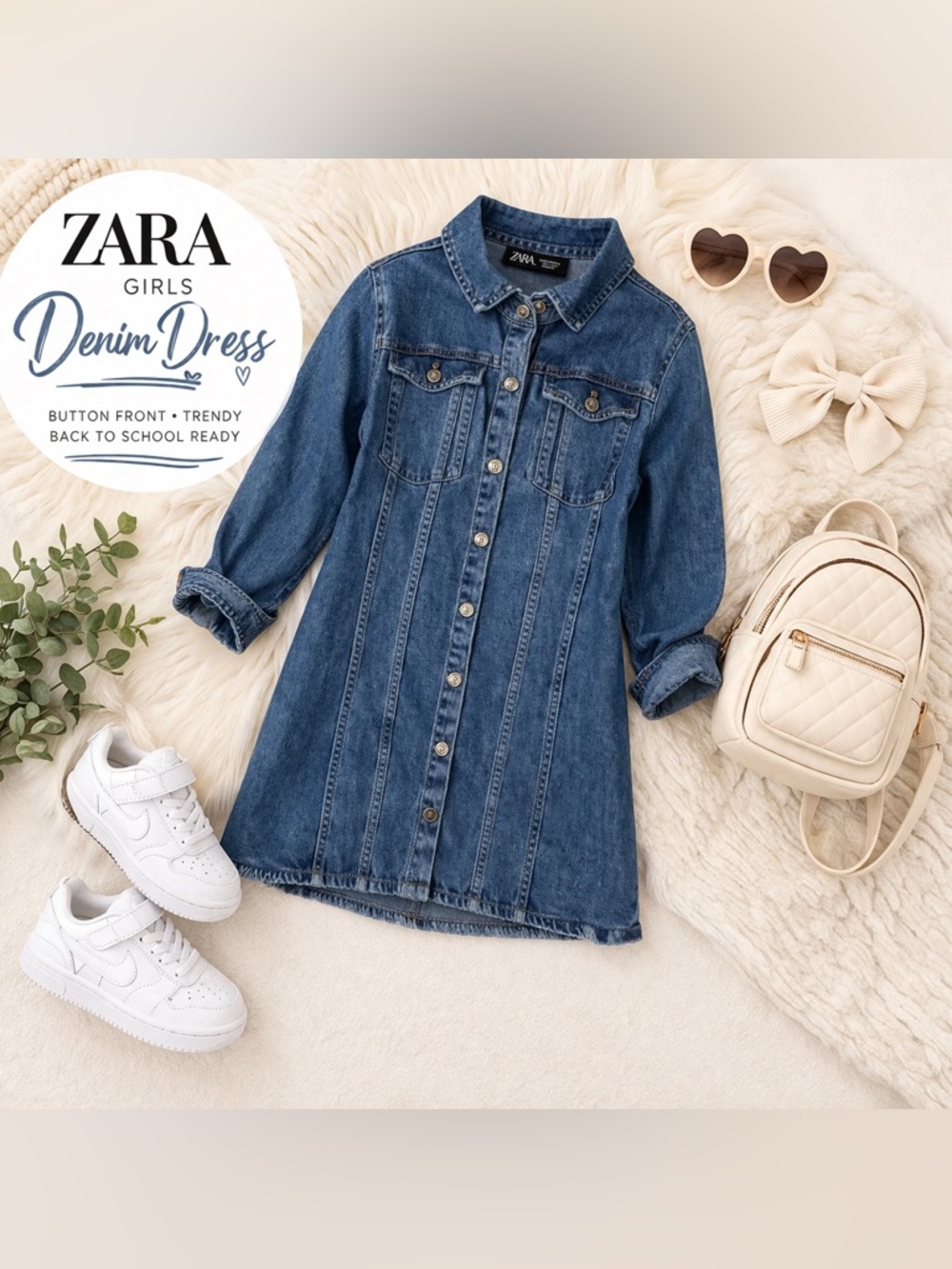 ZARA Girls Denim Shirt Dress Button Front Blue Casual Trendy